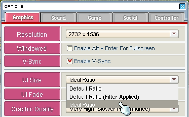 The game's Options window, on the Graphics tab, with Ideal Ratio picked for UI Size